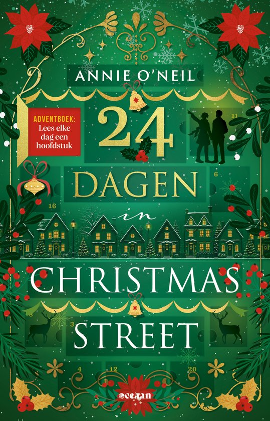 Boekomslag '24 Dagen in Christmas Street' met een kerstdorp, twee silhouetten en de titel.