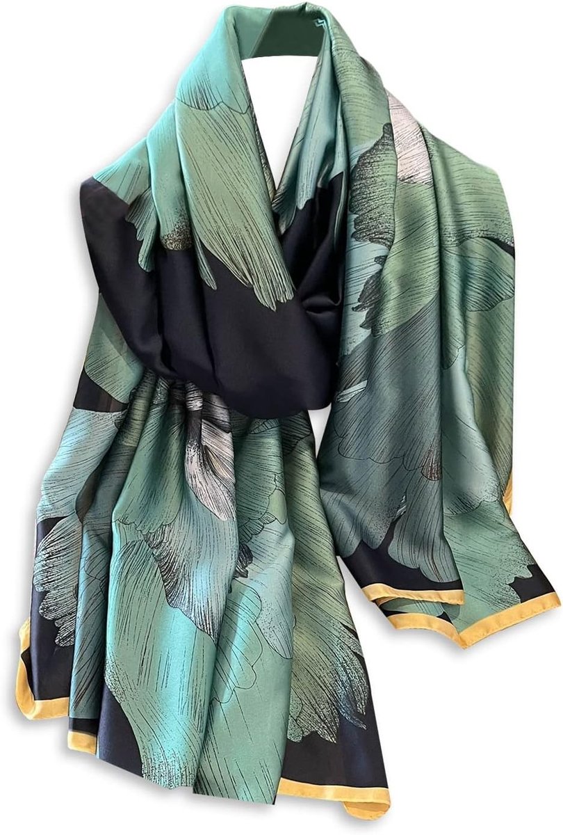 Elegante zijden sjaal voor dames met bloemen- en bladerenprint, zacht en warm, perfect voor elk seizoen, blauw-groene tinten