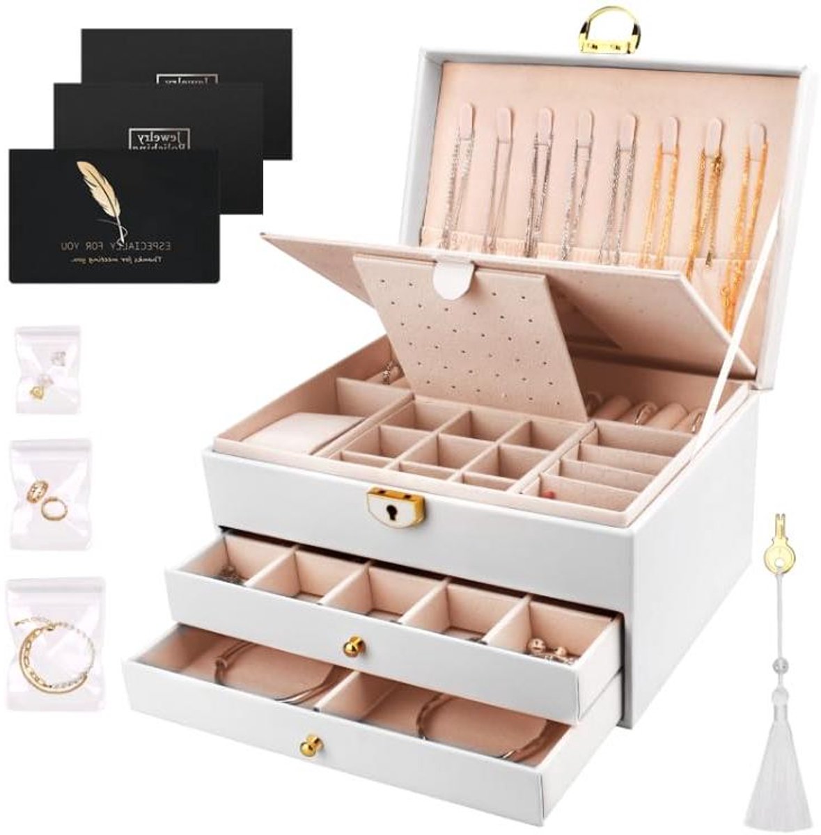 Sieradendoos 3 Lagen - Opbergdoos Organizer - Sieraden Opbergen - Met Spiegel en Slot