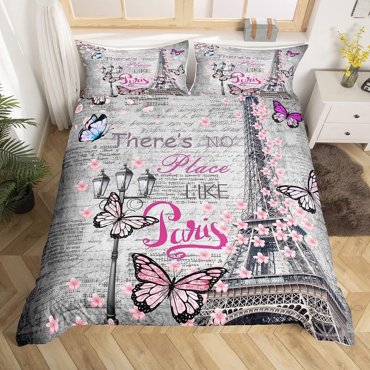 Elzusha - King Size Dekbedovertrek Set - Multicolor met Eiffel Toren en Kersenbloesem