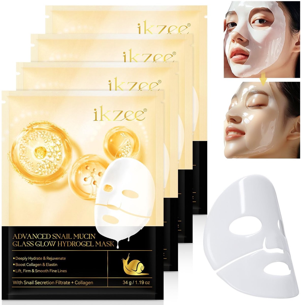 Elzusha - Geavanceerd Slakkenmucine Hydrogel Masker, 4 Stuks