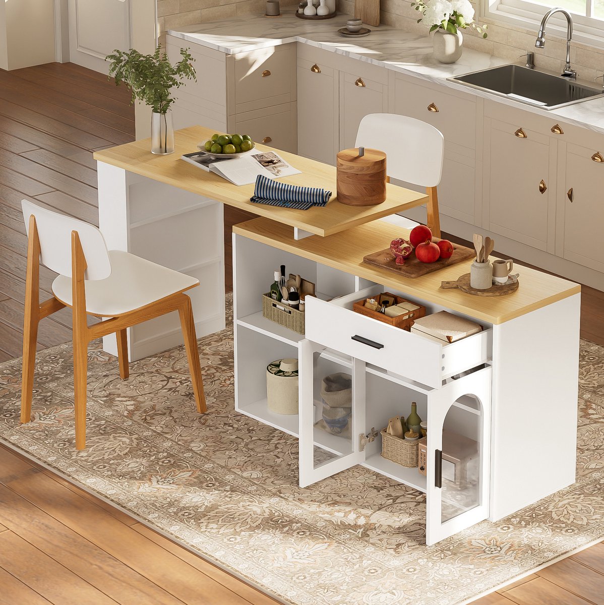 OKWISH Keuken Eiland - 360° Draaibare Tafelplaat - Opbergruimte Met Lade En Planken - Voor Keuken En Kleine Ruimtes - MDF Wit