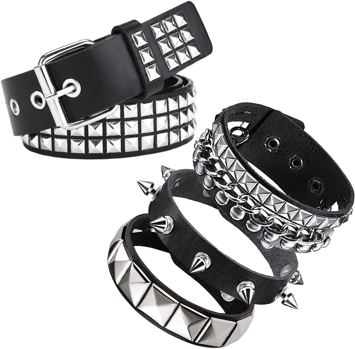 Elzusha - Rivet Belt Set met 3 Armbanden van PU Leer
