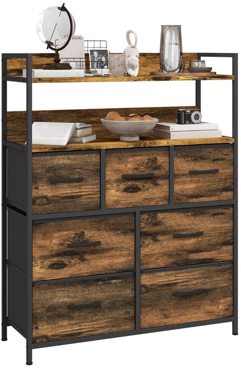 Dressoir - Stoffen Ladekast Met 7 Klaplades En 2 Planken - Stalen Frame - Bruin