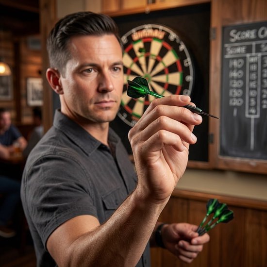 Zwart groen dartpijlen set 3 stuks dartpijlen heren dames metalen punt professionele darts met gegraveerde grip en groene flights — afbeelding 3