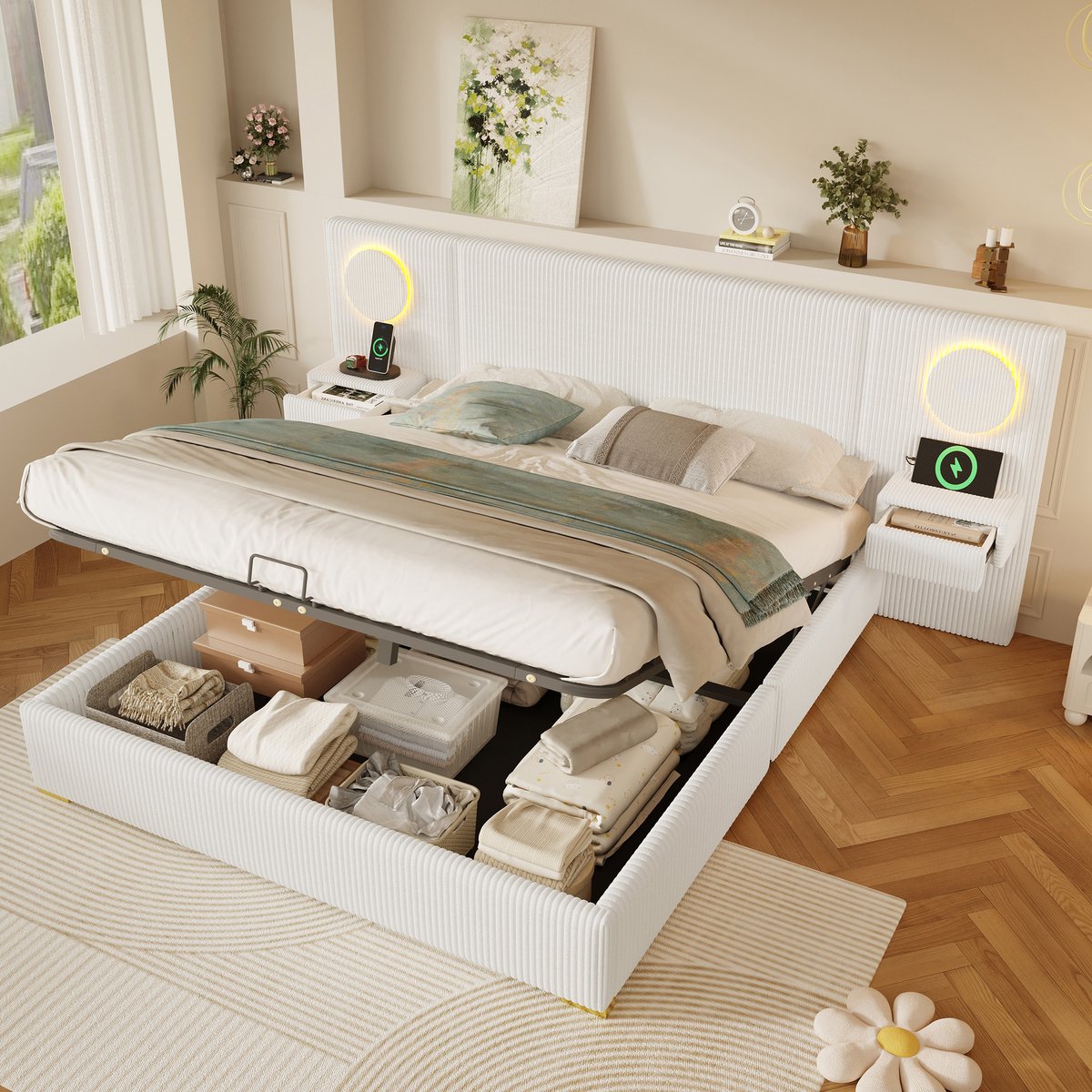 Kinderbed, 180x200 cm fluweel stof gestoffeerd bed met LED-hoofdeinde, USB-poorten & hydraulische opbergruimte, beige