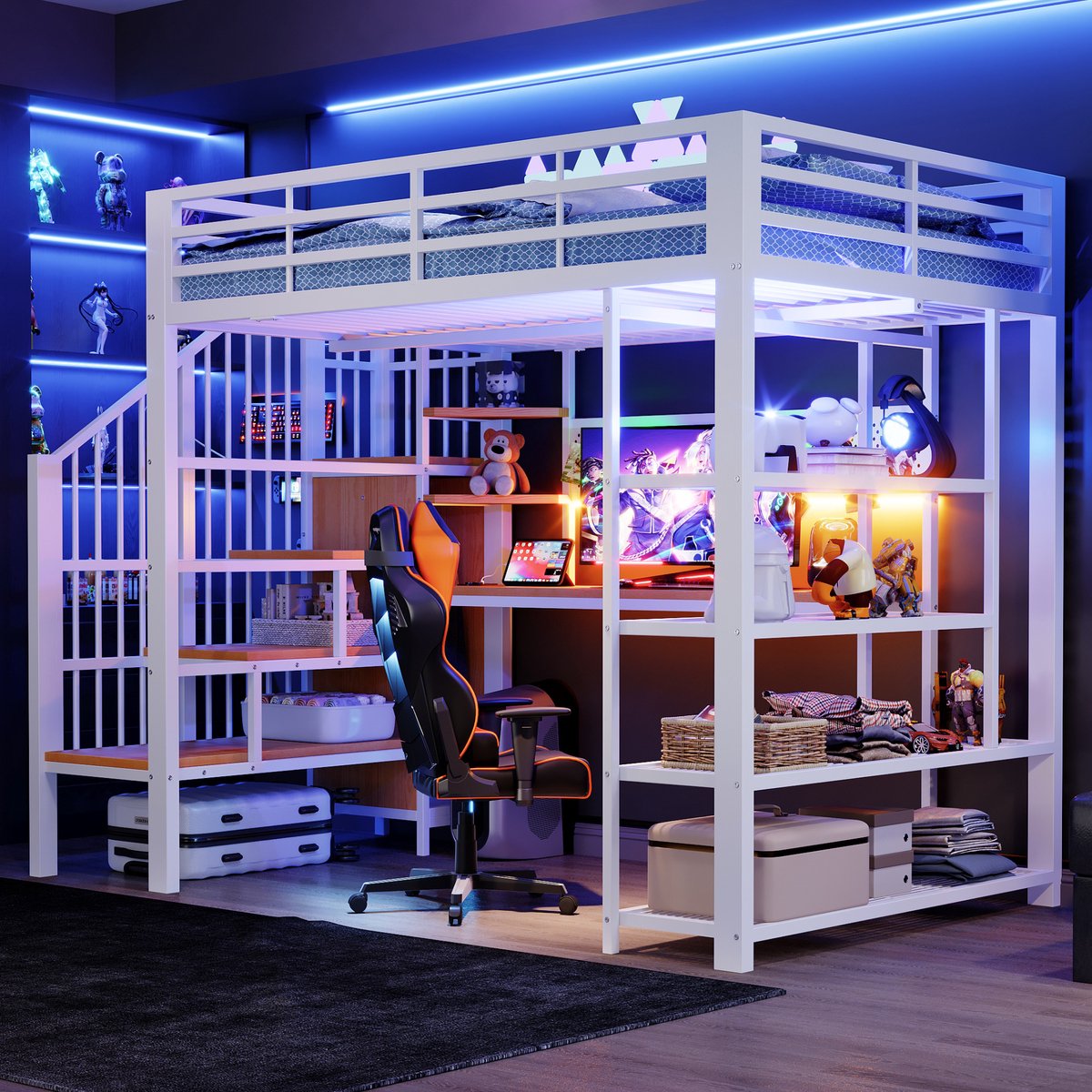 Metalen Hoogslaper 140x200 cm - Met Opbergruimte - Met LED-verlichting - Met Stopcontact - Wit