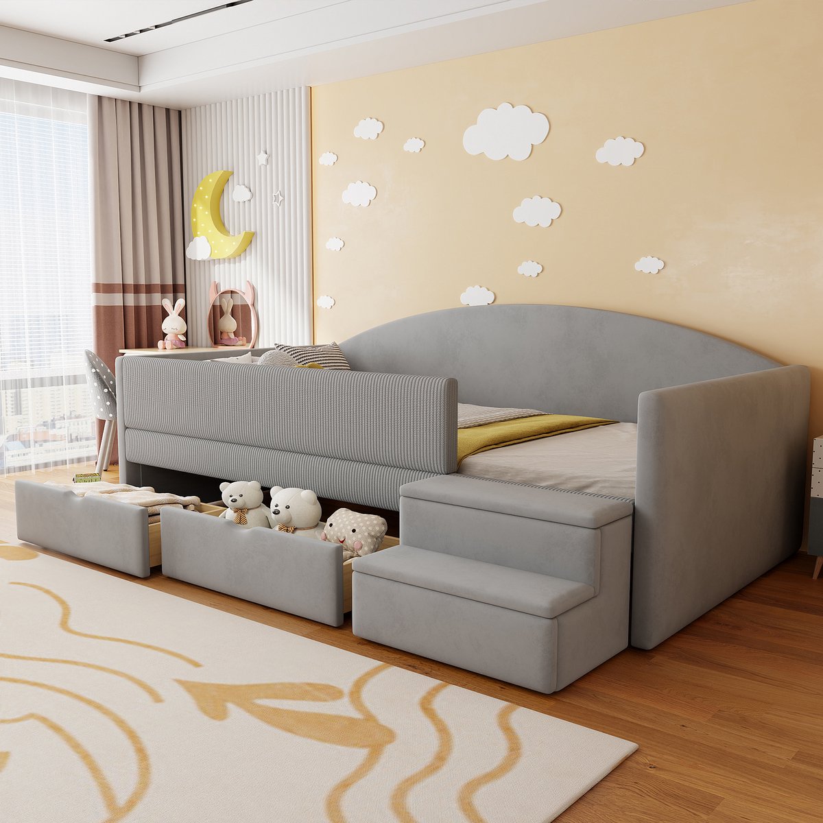 Slaapbank 90x190 cm - Met Opbergruimte - Met Fluweel - Met Lades - Aqua Grijs