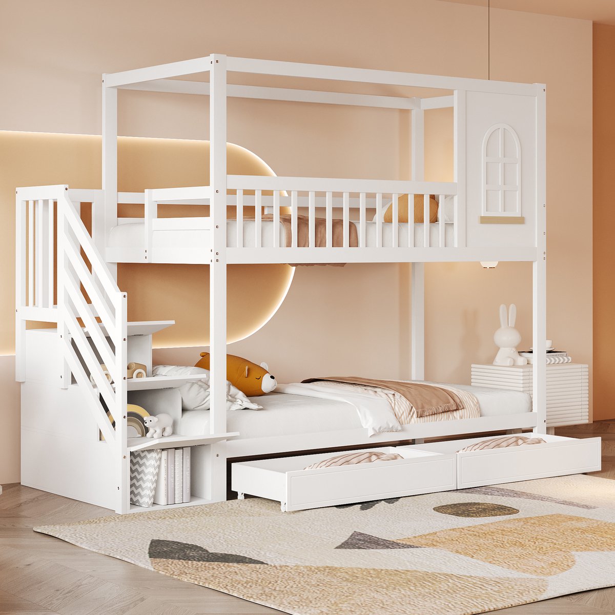 Stapelbed 90x200 cm - Met Ladder - Huisvorm - Met Opbergruimte - Wit