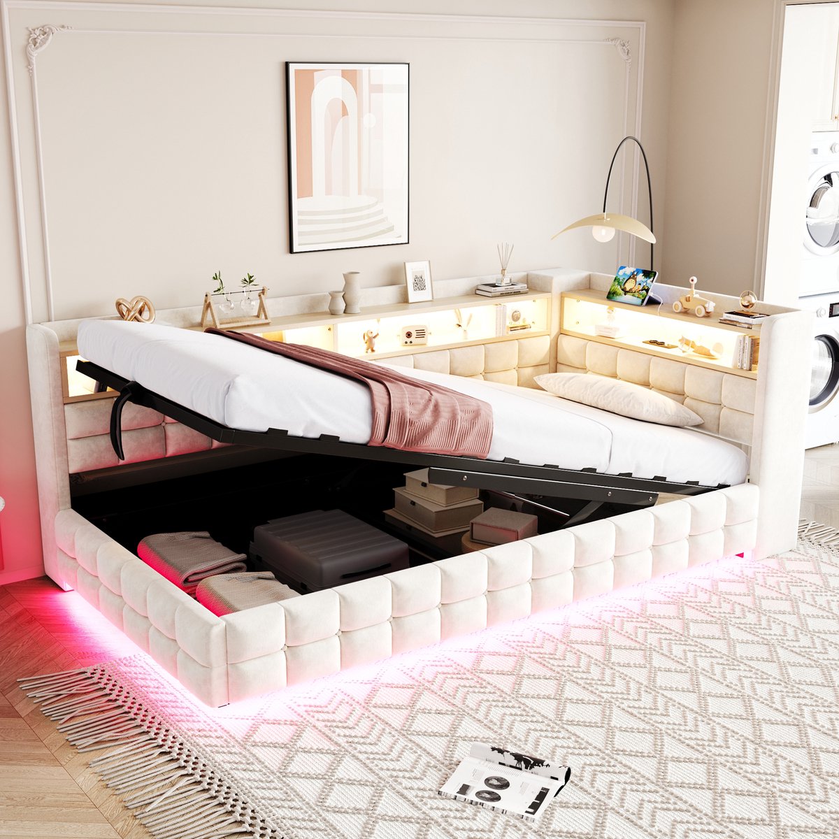 Slaapbank 90x200 cm - Met Opbergruimte - Met LED-verlichting - Met USB-aansluiting - Beige