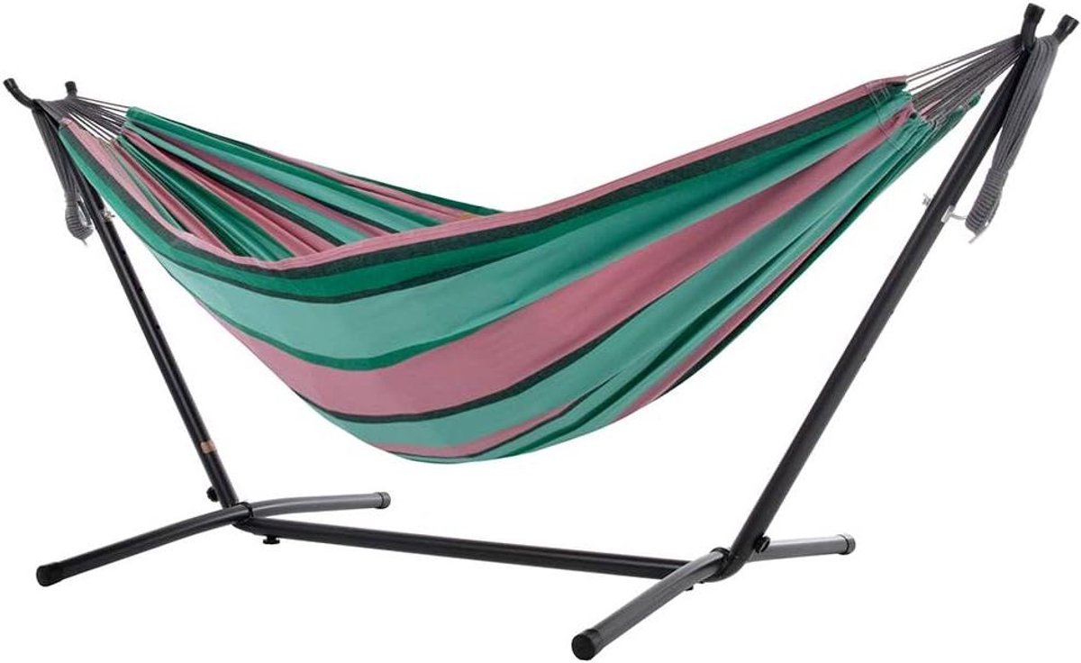 Dubbele Katoenen Hangmat - Met Standaard - Ontspannen in de tuin - Inclusief draagtas - 250 cm - Watermeloen