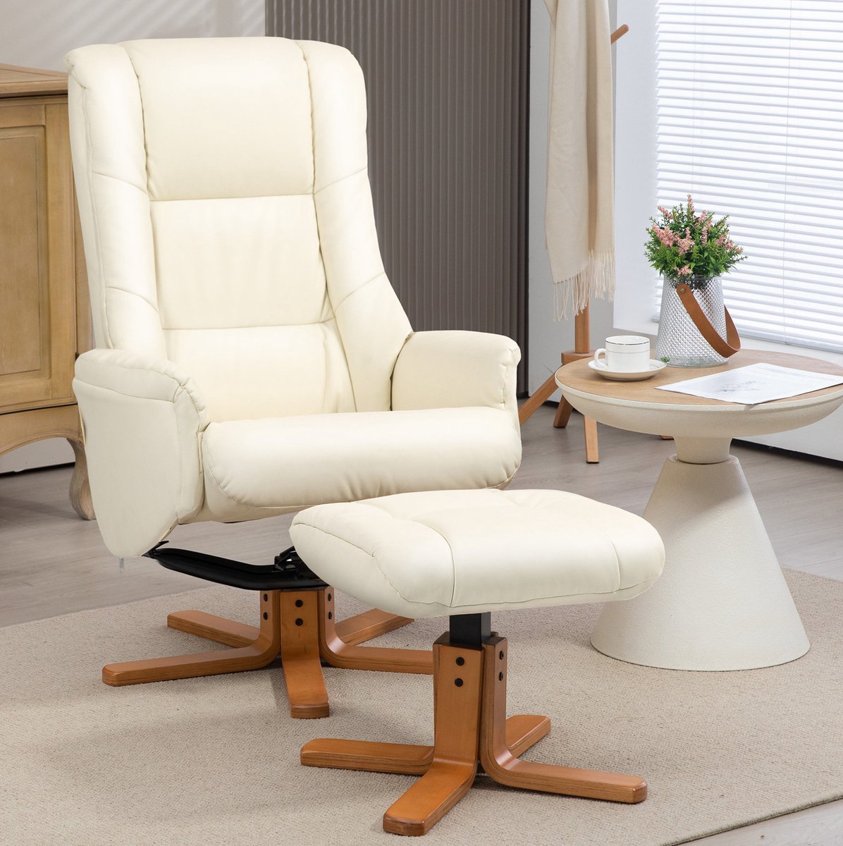 REDOM - Relaxfauteuil met hocker - Handmatig verstelbare ligfunctie - Wippfunctie - Hoge rugleuning - Kunstleer - Woonkamer en slaapkamer - Hout - Crèmewit - 71 x 84 x 102 cm