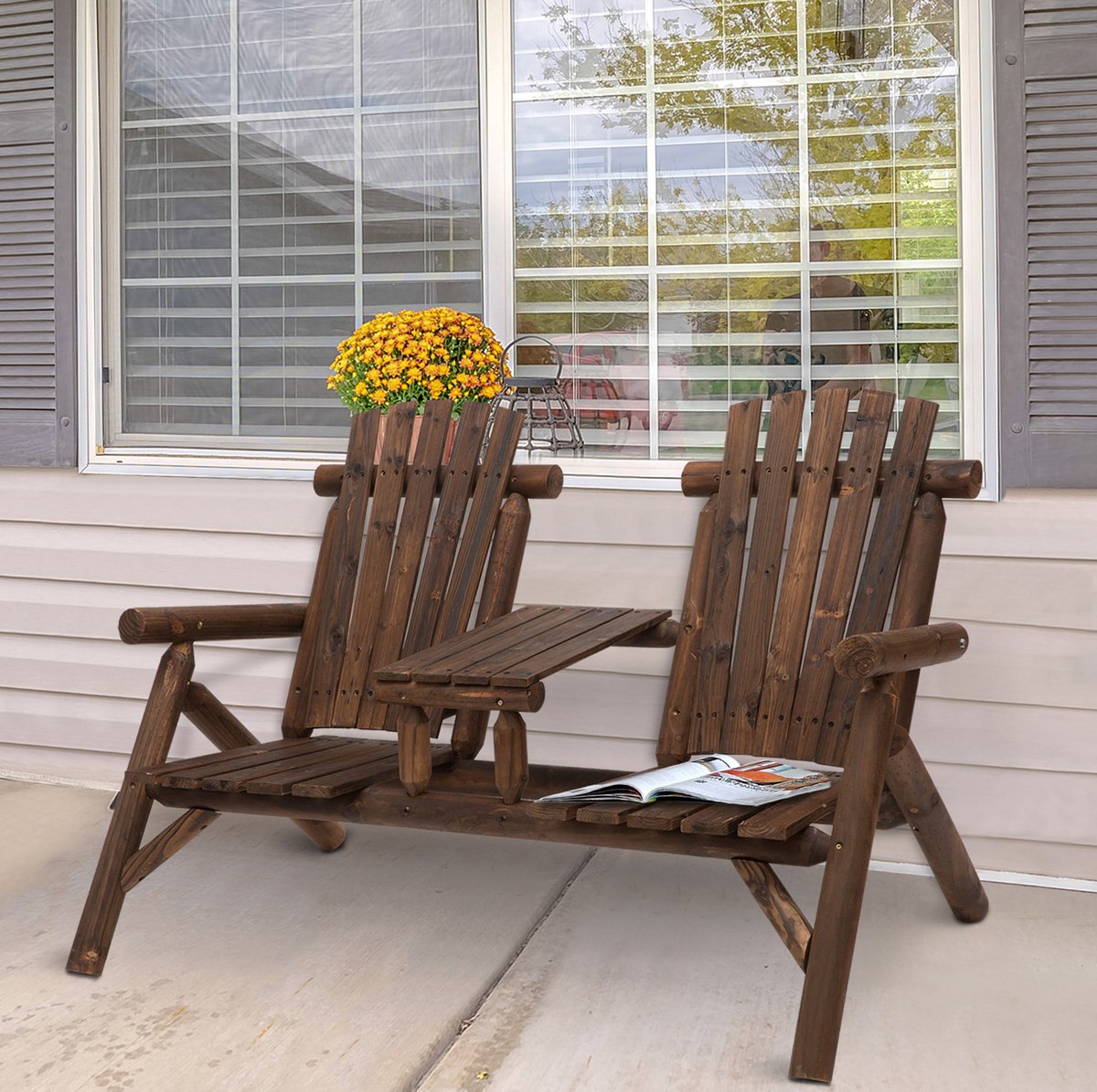 REDOM - Tuinbank met tafel - 2 zitplaatsen - Ergonomische rugleuning en armleuningen - Voor tuin en terras - Hout - Bruin - 157 x 88 x 103 cm