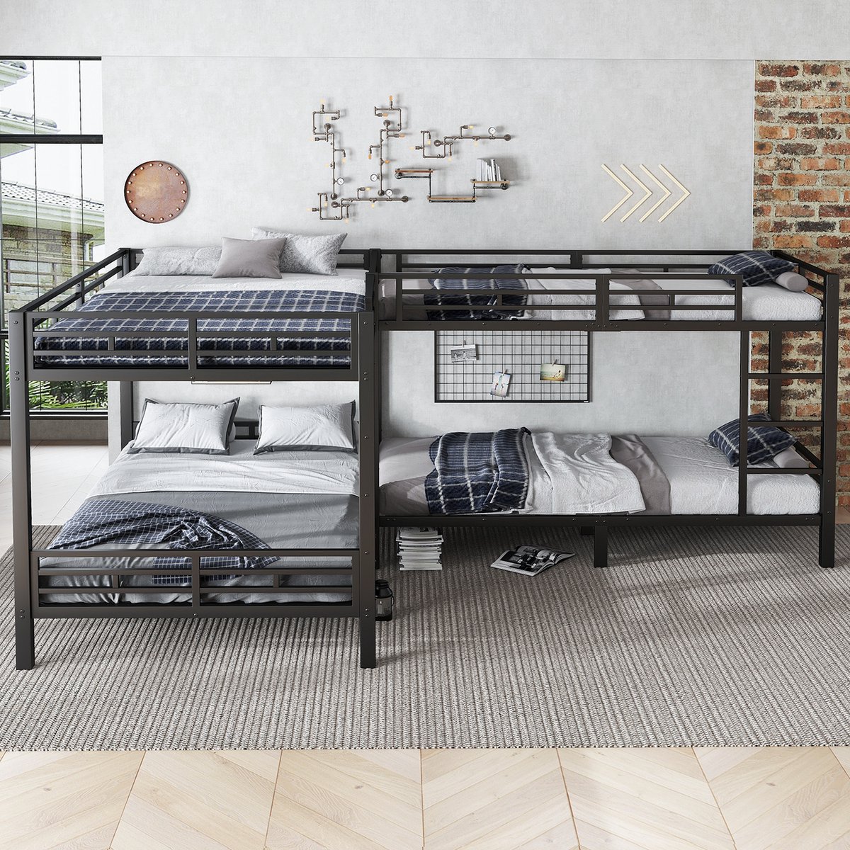 Metalen stapelbed - voor broers, zussen en logés - 90x200 cm (boven) + 140x200 cm (onder) - zwart - stevige metalen lattenbodem - 3-traps ladder - compact 2-in-1 ontwerp