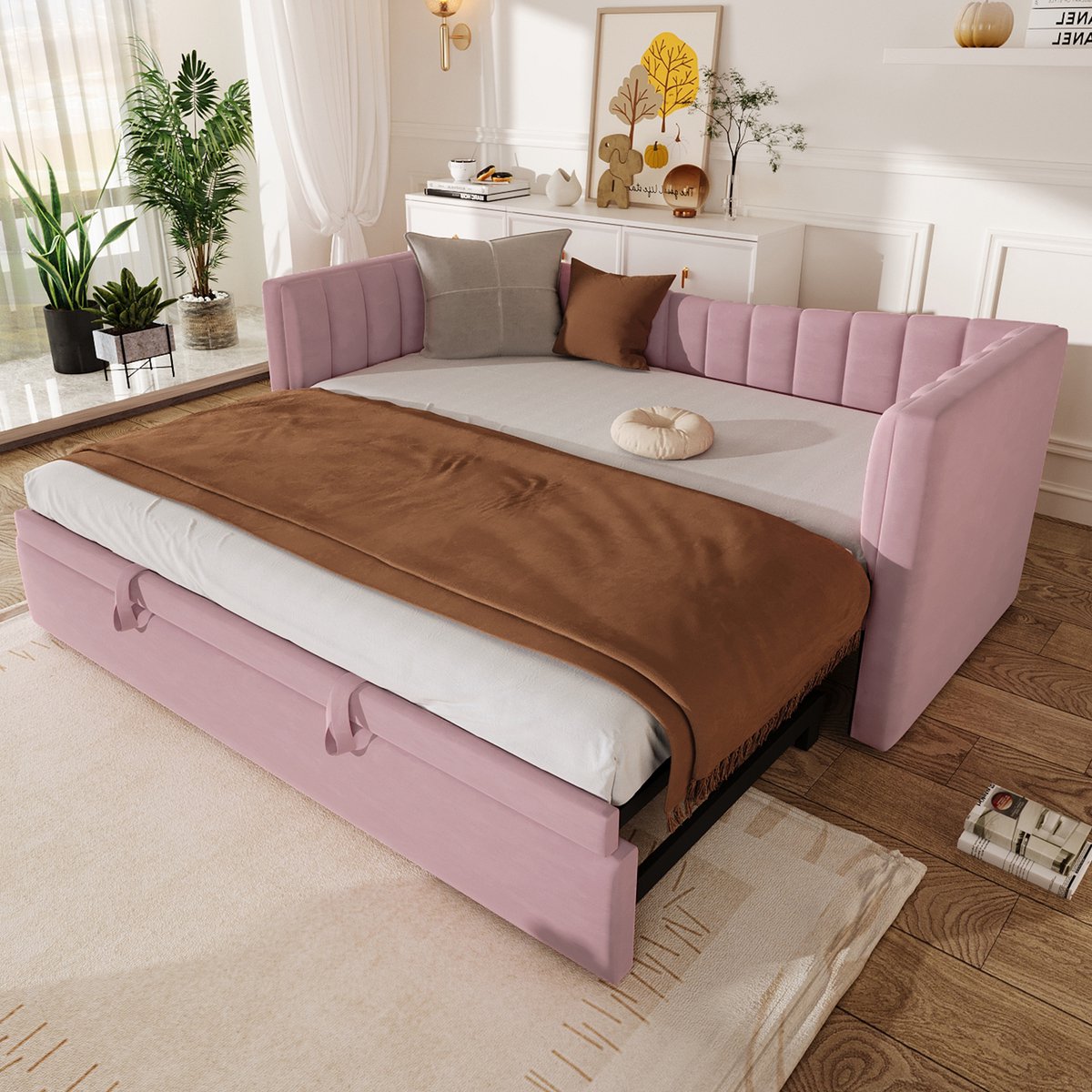 Dagbed met uitschuifbed - multifunctioneel slaapbank - 90x200 cm eenpersoons uitklapbaar tot 180x200 cm tweepersoons - roze fluweel - minimalistisch design - lattenbodem inbegrepen