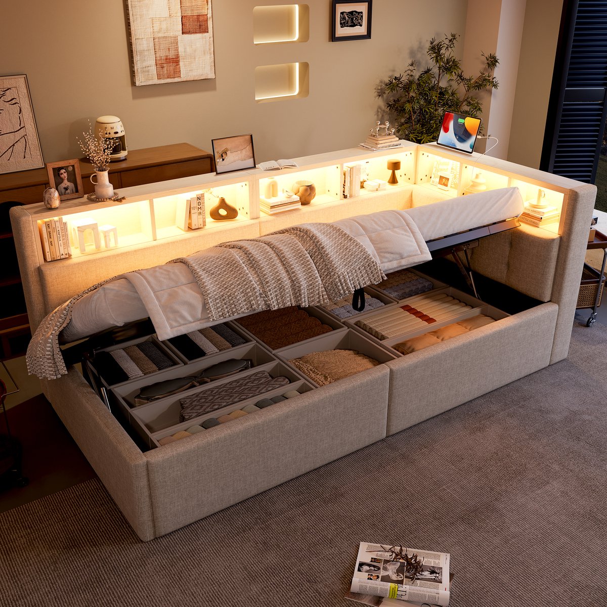 Dagbed slaapbank - met hydraulische opbergruimte en led - 90x200 cm - Beige linnen - USB-C & USB-poorten - App-gestuurde meerkleurige led-strips - Meerdere opbergvakken
