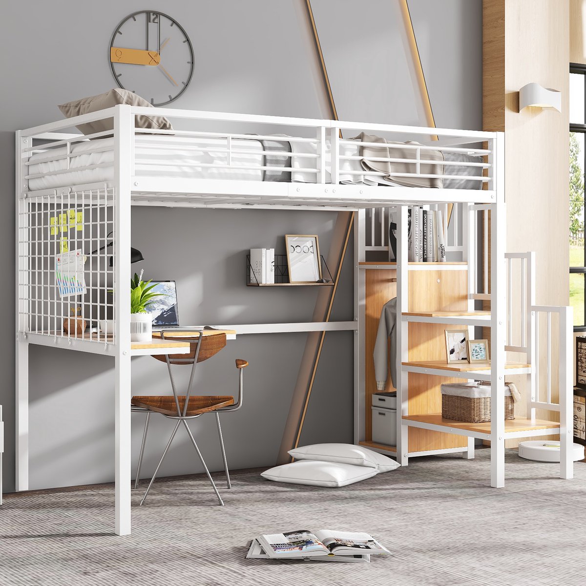 Metalen hoogslaper met bureau en kledingkast - voor kinderkamer en tienerkamer - 90x200 cm eenpersoons - wit+natuur - EN 747 gecertificeerd - ladder met handgreep - stevig stalen frame