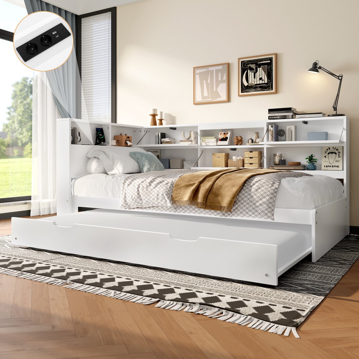 Dagbed slaapbank met uitschuifbed - L-vormig hoofdeinde met opbergvakken - 90x200 cm + 90x190 cm - Wit - USB en Type-C oplaadpoorten - Massief grenenhout - Exclusief matras