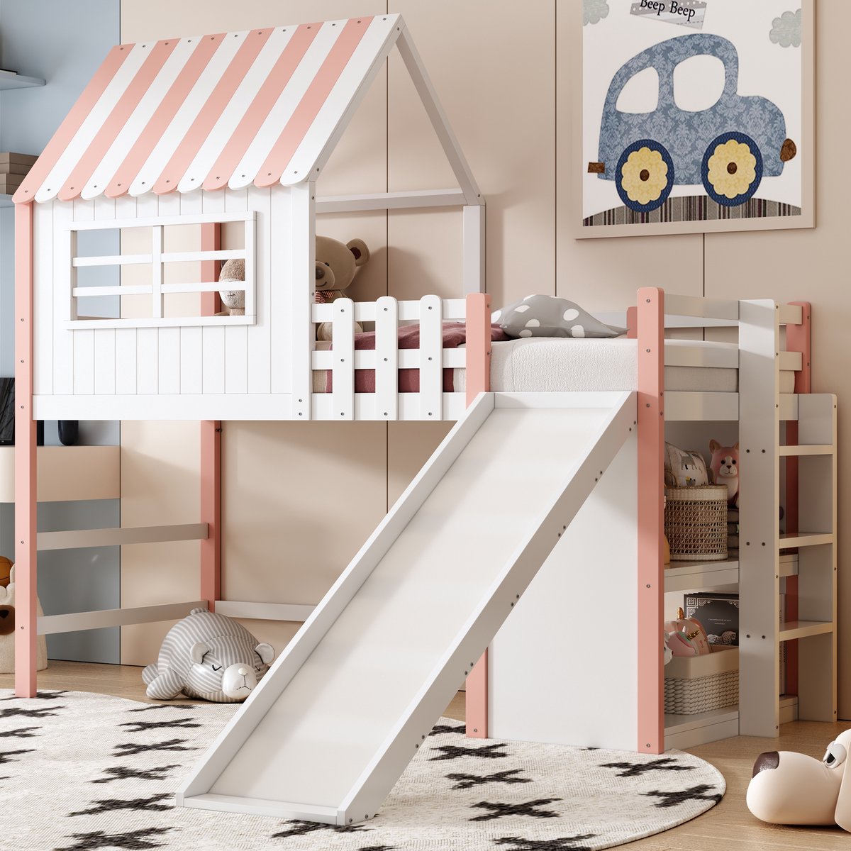 Hoogbed met glijbaan en opbergvakken - kinderbed 90x200 cm eenpersoons - roze massief hout - speelruimte onder bed - veiligheidsrek