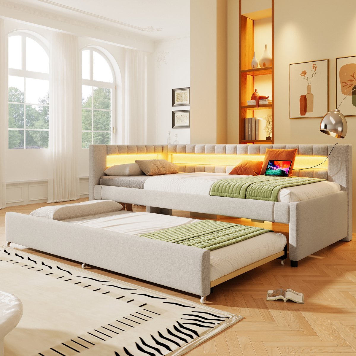 Dagbed met uitschuifbaar logeerbed, LED en USB-C - 90/200 cm eenpersoons, uitbreidbaar - Beige linnen - Inclusief lattenbodem - Zonder matras