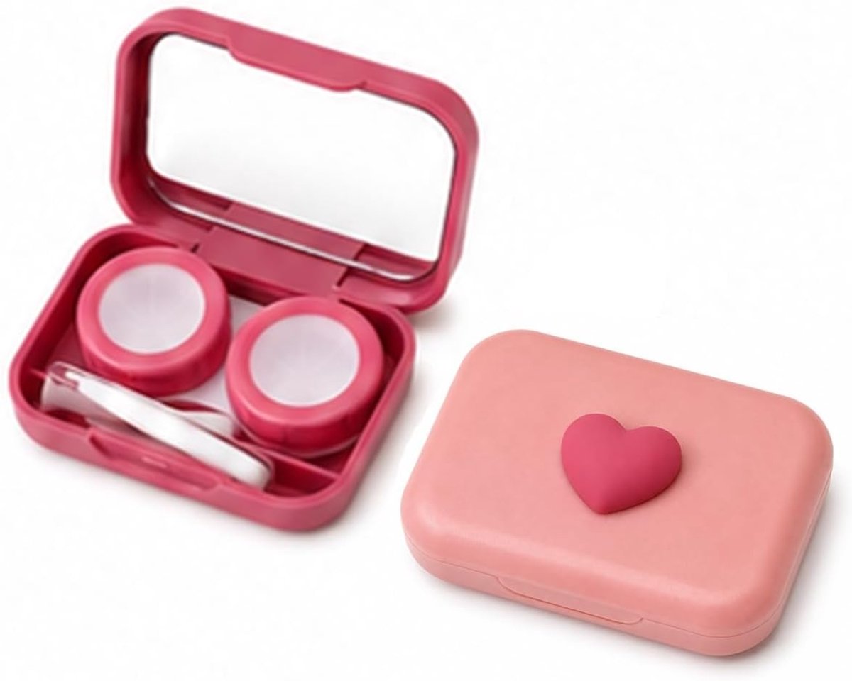Hartvormige Contactlenset met Spiegel voor Kleurlenzen en Zachte Lensen, Compact Reiset in Rood en Roze, Inclusief Pincet en Zuignap voor Veilig Gebruik