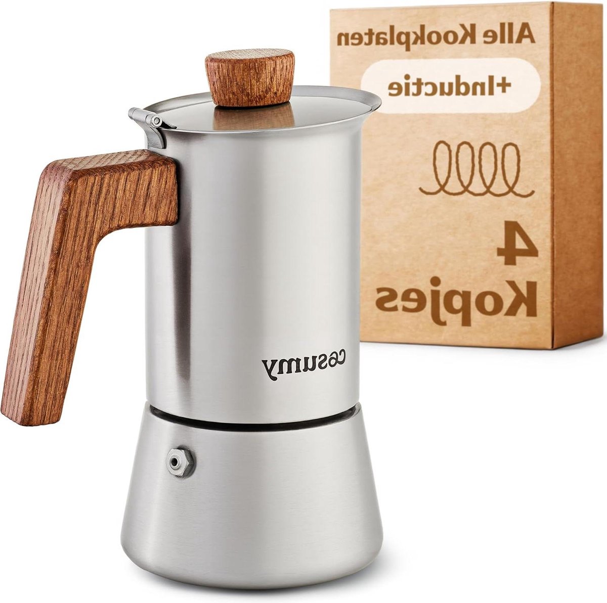 Espresso Maker - Moka Pot - Koffie Zetten - Duurzaam Eikenhout - 4 Koppen 200ml - Zilver