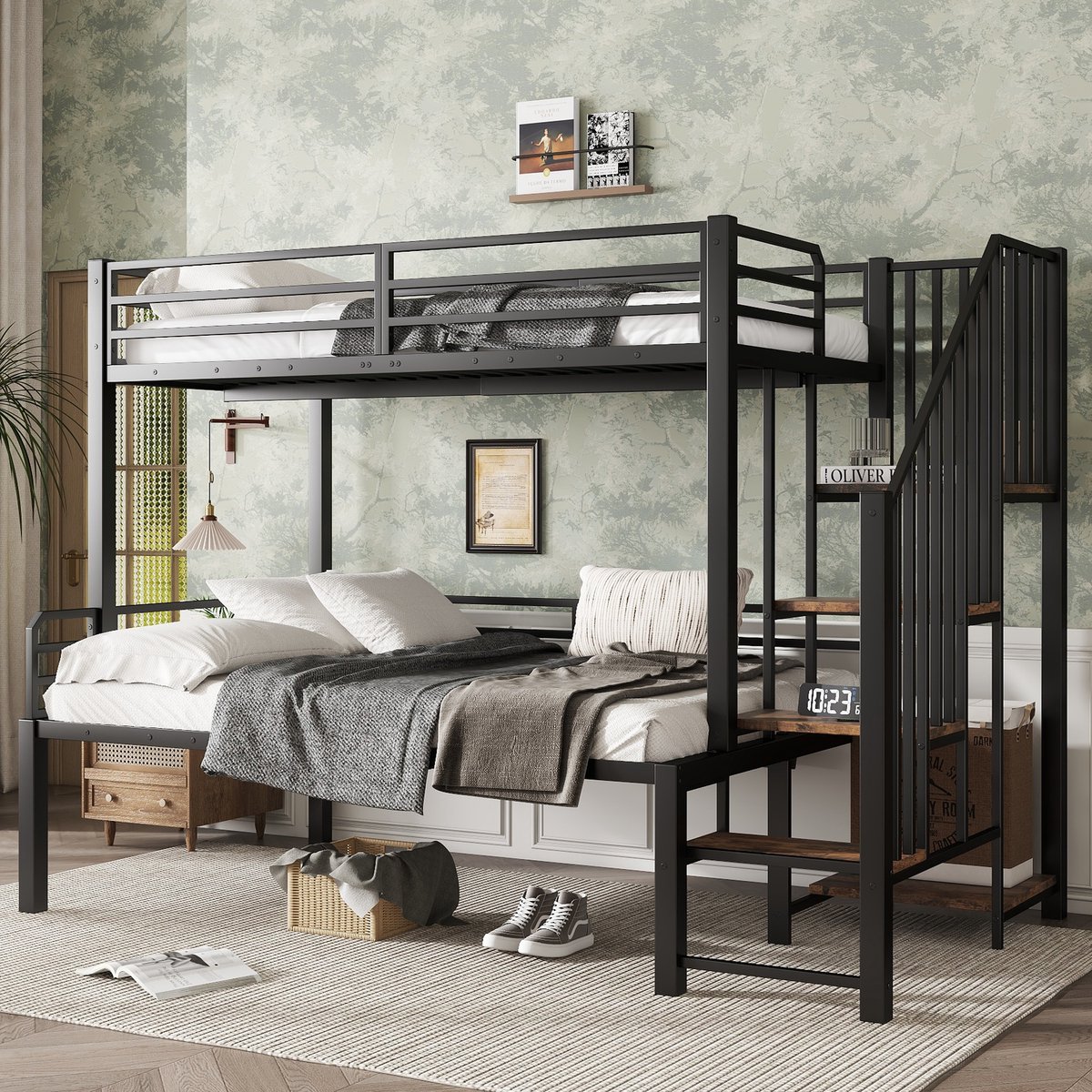 Metalen stapelbed met opbergtrap - voor kinderkamer en tienerkamer - 90x200 cm boven en 120x200 cm onder - zwart+vintage houtlook - hoekopbergtrap met 4 treden - EN 747 gecertificeerd
