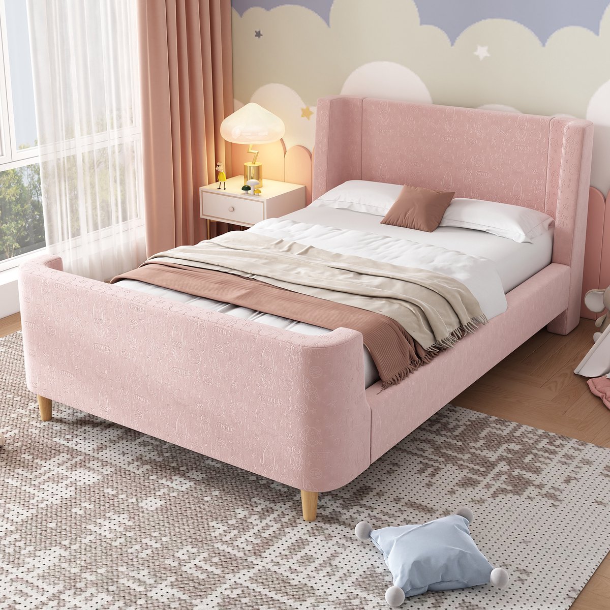 Kinderpolsterbed in sledevorm met kosmisch patroon - Eenpersoons 90x200 cm - Roze - Zachte fluwelen bekleding - Veilige, verzonken lattenbodem - Stimulerend thema voor jongens en meisjes