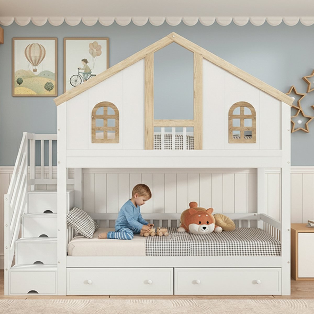 Stapelbed met raampjes - 2x 90x200 cm met opbergtrap en rollades - Wit+Natuur - Vierzijdige valbeveiliging, EN747-gecertificeerd - Massief grenen en MDF
