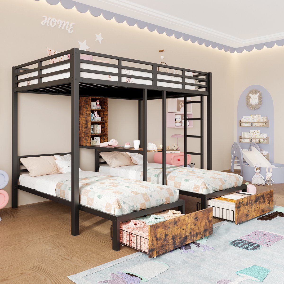 Stapelbed met 3 slaapplaatsen en opberglades - 140x200 cm (boven) + 2x 90x200 cm (onder) - Zwart - Metalen frame met MDF - 2 verborgen opberglades en legplanken tussen onderbedden - Hoge veiligheidsrekken