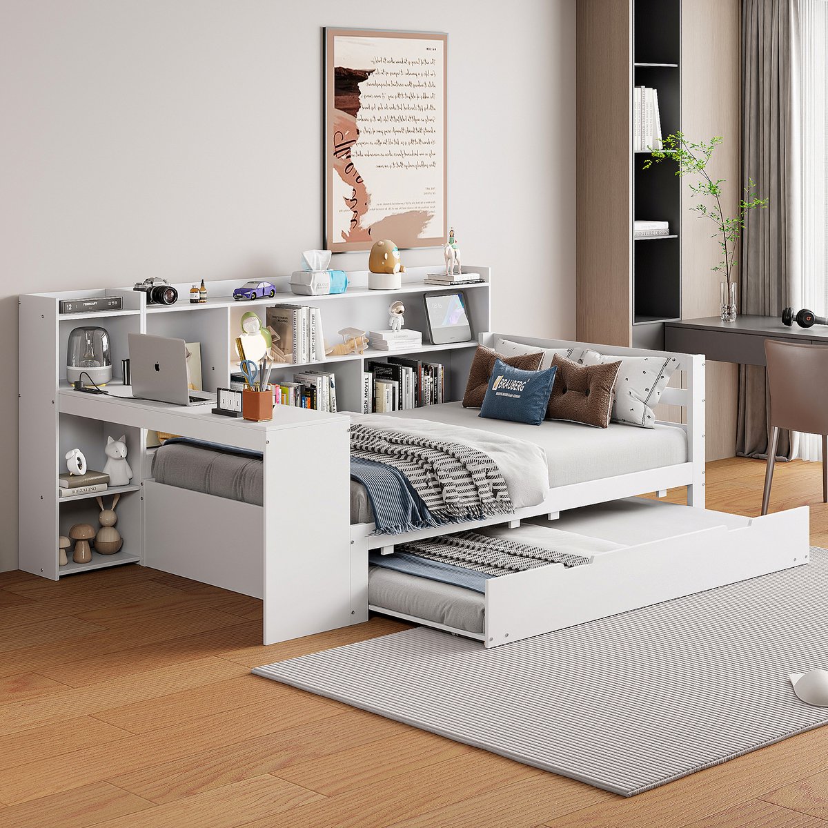 Massief houten slaapbank - met uitschuifbed, bureau en opbergplanken - eenpersoons 90x200 cm - wit - stopcontact met USB/Type-C - 27 latten en stevig grenen frame