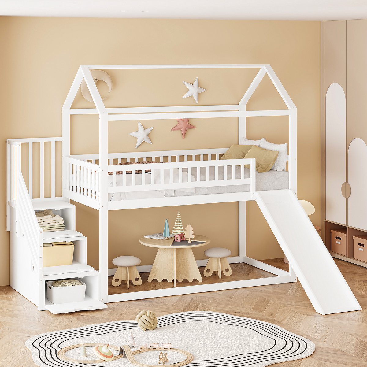 Kinderhoogbed met glijbaan en opbergtrap - veilige en praktische kinderkameroplossing - 90x200 cm eenpersoons - wit - massief grenen frame, hoge omheining, lattenbodem inbegrepen