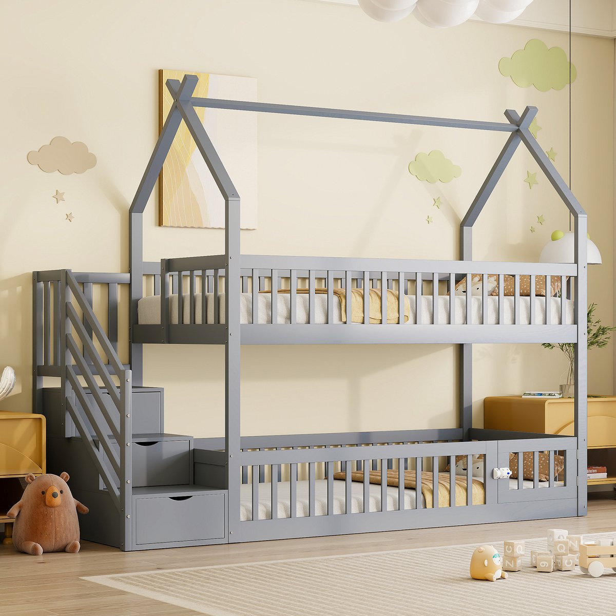 Kinderhoogbed met dak en veiligheidstrap - 90x200 cm - grijs - 2-in-1 slaap- en speelruimte - trap met opberglades - massief grenen frame