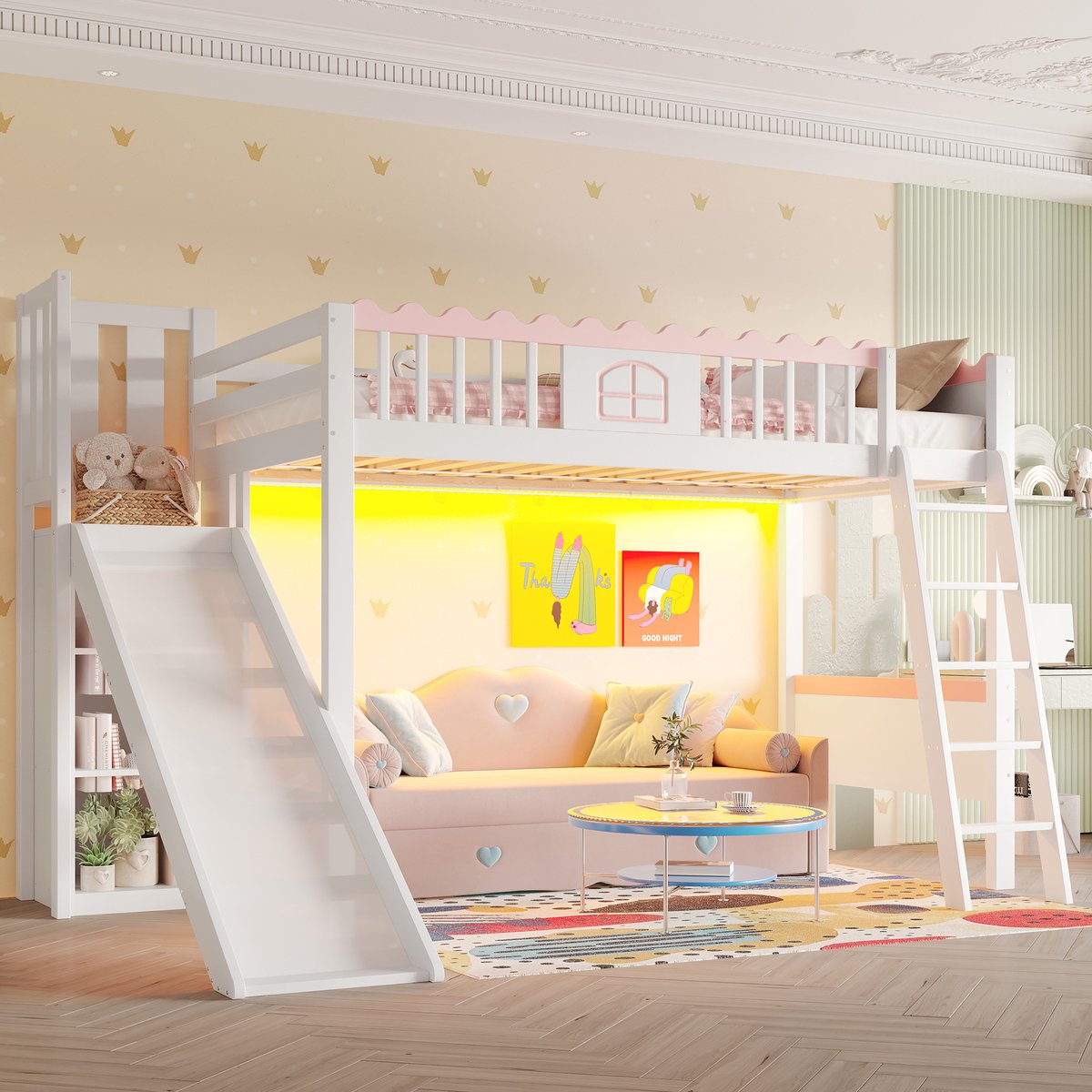 Houten kinderhoogslaper met glijbaan en LED - 90x200 cm - 1 persoon - Wit - EN747 gecertificeerd - 3 opbergplanken - Sfeerverlichting