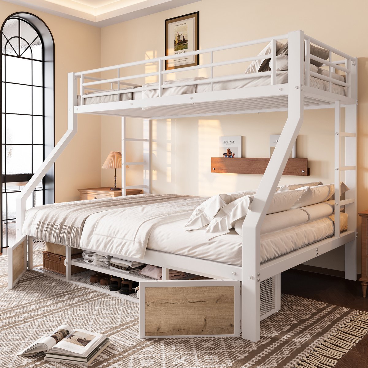 Stapelbed met schoenenkast, opbergvakken, valbeveiliging en ladder - ruimtebesparend voor gezinnen en kleine kamers - 90x200 en 140x200 cm - wit - EN 747 gecertificeerd - stevig metalen frame
