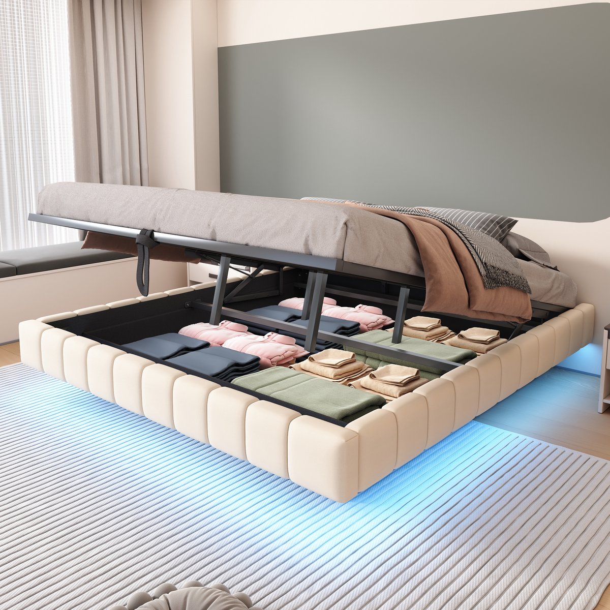 Gestoffeerd tweepersoonsbed 180x200 cm - Zwevend design met hydraulische opbergruimte en LED-sfeerverlichting - Beige - Geen hoofdeinde, vrij te combineren - Ademende linnen bekleding