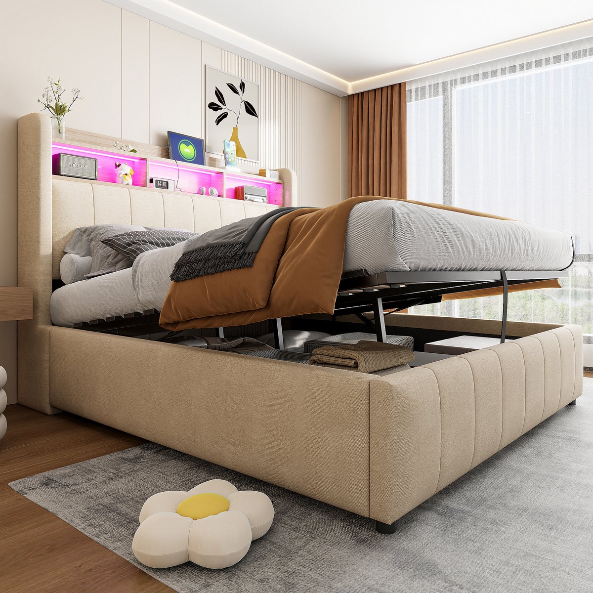 Gestoffeerd opbergbed met LED, USB en hydraulische opberging - 140x200 cm tweepersoons - Beige - Opbergvakken in hoofdeinde - Kleurveranderende sfeerverlichting - USB-A en USB-C poorten