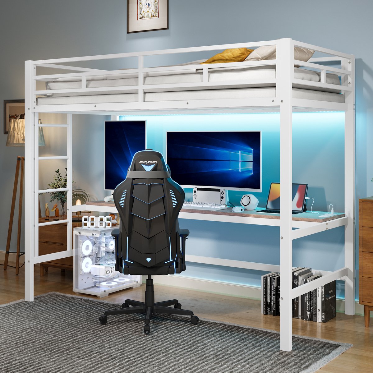 Metalen hoogslaper 90x200 cm - 7-kleuren app-LED en bureau met USB & Type-C - Wit - Veilige trap en hoog hek - EN747 gecertificeerd - 1 persoon