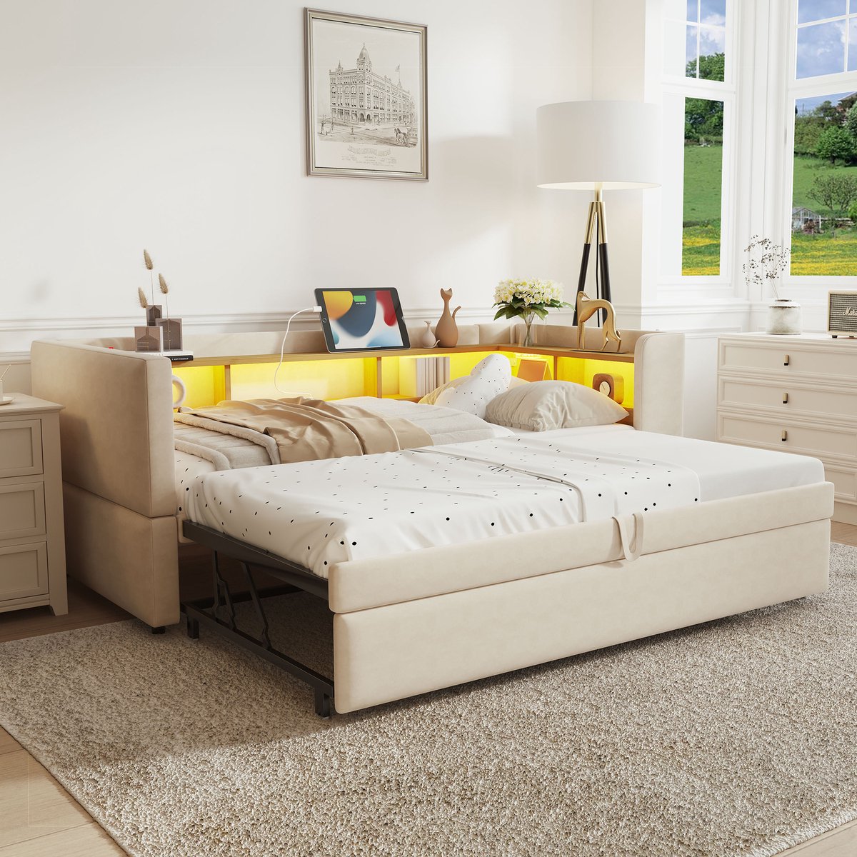 Gestoffeerd slaapsofa met uitschuifbed - Multifunctioneel 2-in-1 bank met LED en opbergvakken - 90/180x190 cm voor 1-2 personen - Beige - Geïntegreerde laadpoorten en sfeerverlichting