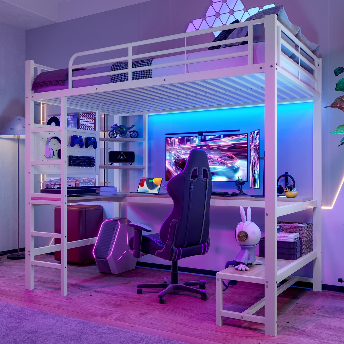 Metalen hoogslaper met bureau en perforeerd bord - 90x200 cm - 1 persoon - Wit - USB-C oplaadpoort - Sfeervolle LED-verlichting - Veilige trap en hoog hek