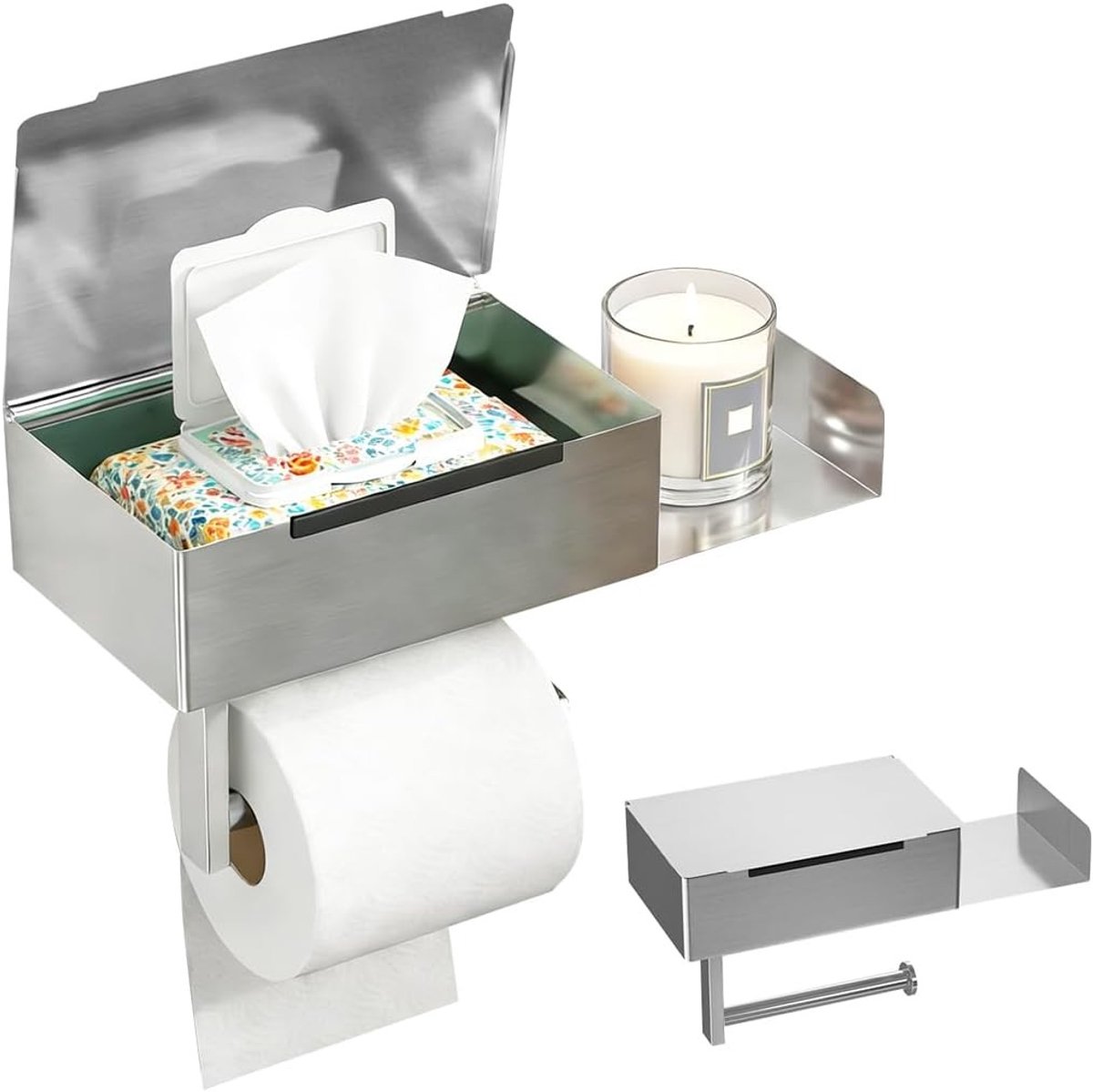 Toiletpapierhouder zonder boren met vochtige doekhouder en opslagplank, roestvrij staal, multifunctioneel en stijlvol ontwerp voor badkameropslag