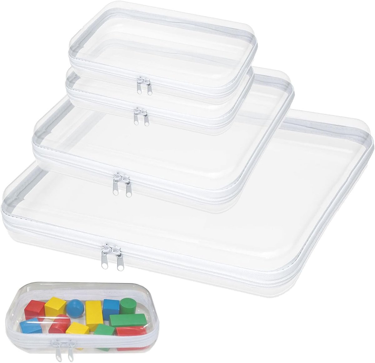 Transparante Hard Shell Tas, 4 Stuks Duidelijke Opbergdozen met Dubbele Rits en Deksel voor Speelgoed, Cosmetica en Reisaccessoires, 1L+1M+2S