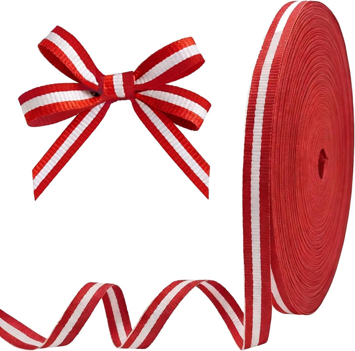 Gestreepte grosgrain lint in rood en wit, 10mm x 50 meter, perfect voor kerstcadeaus, bruiloftdecoraties en creatieve DIY-projecten