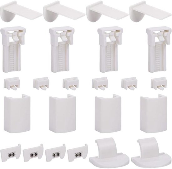 Ensemble de pièces en plastique blanc pour stores plissés, y compris des supports de serrage et des arrêts.