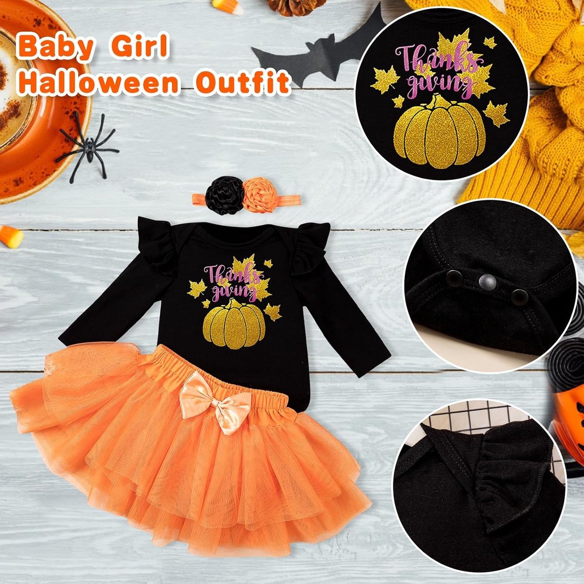Schattige Halloween Outfit voor Baby Meisjes - Romper met Tutu Rok en Strik Haarband voor Nieuwboren en Feestdagen