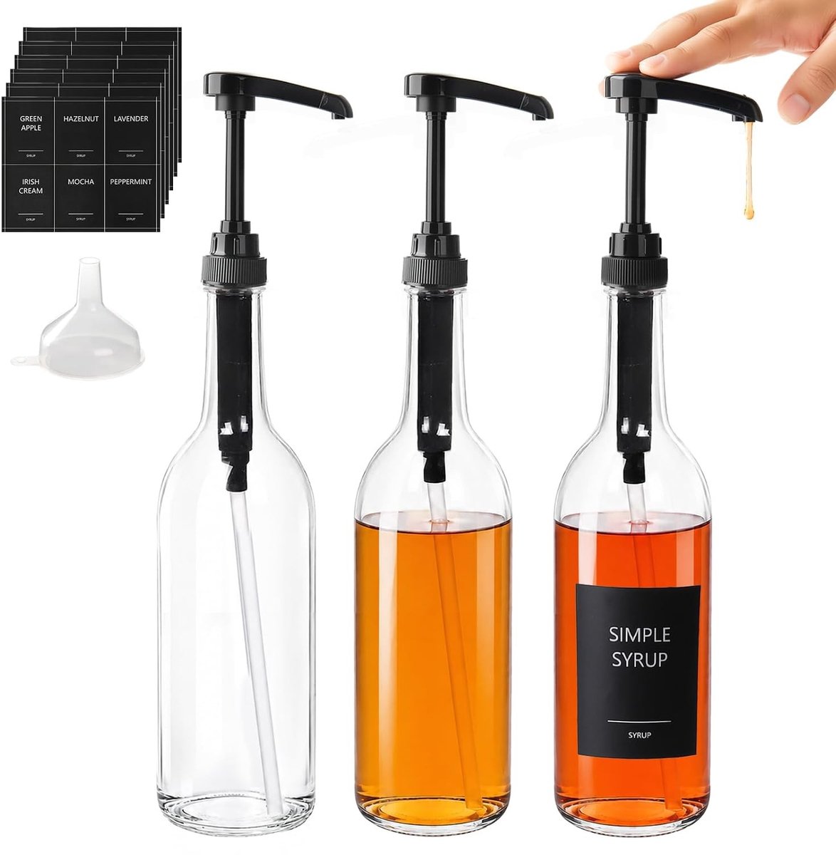 Grote Syrup Dispenser Set van 3, 750 ml, Levensmiddelenveilige Glazen Pompen met Labels voor Koffiebar en Keuken