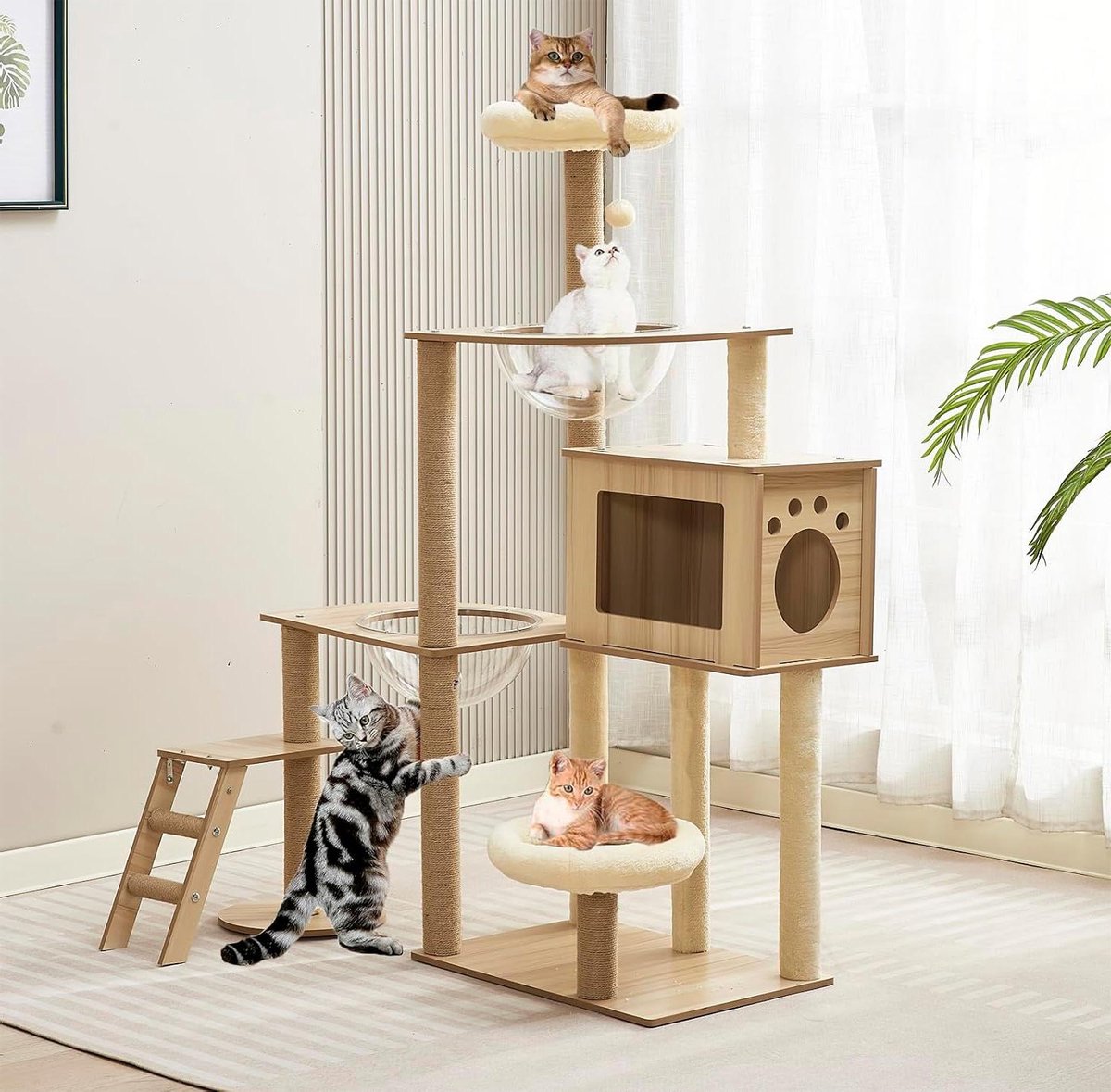 Krabpaal voor katten - Kattenhuis - Spelen en rusten - Milieuvriendelijk hout - 135 cm hoog - Houtkleur