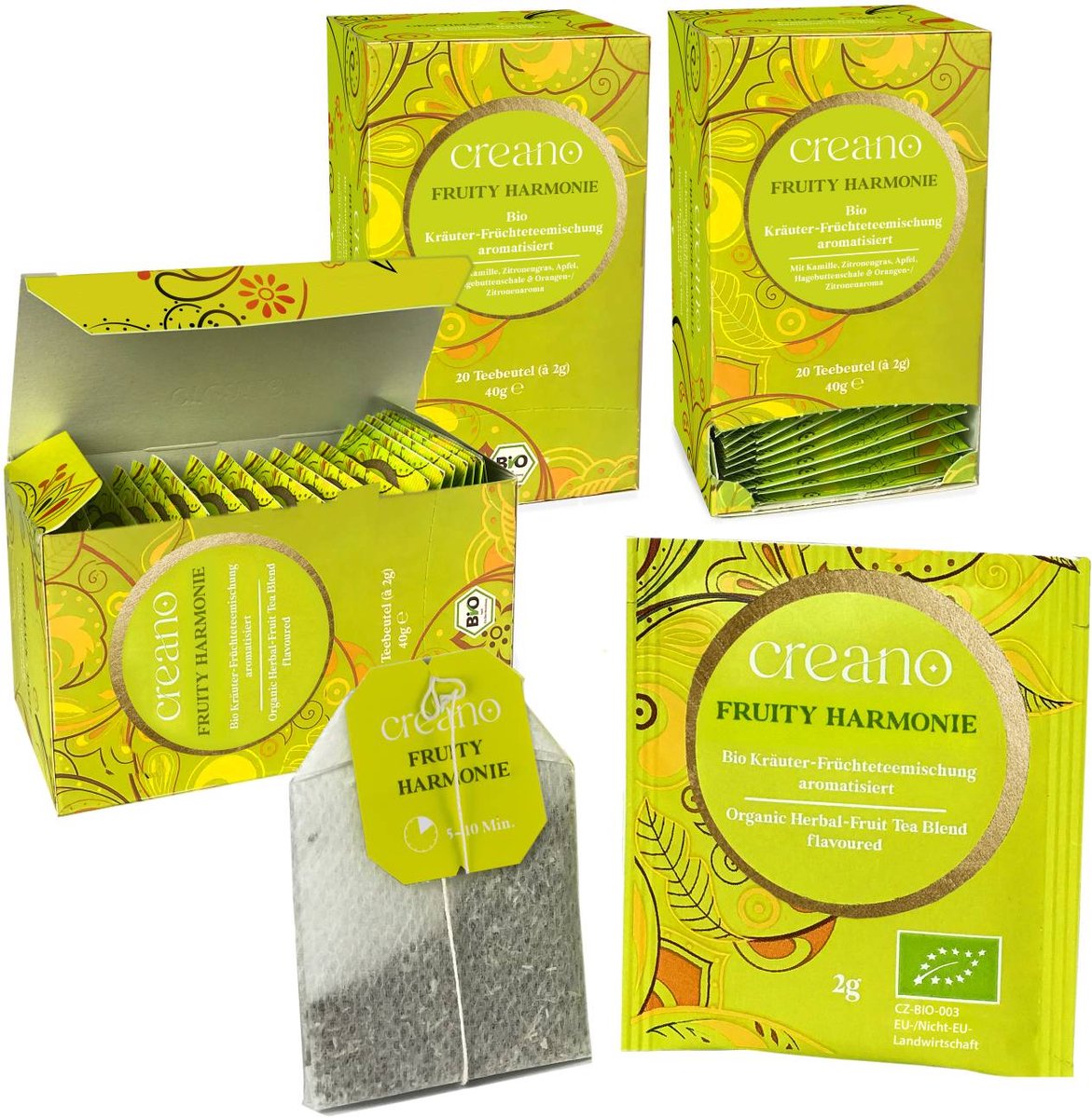 Creano biologische thee FRUITIGE KAMILLE, kruidenfruittheemelange, biologisch theezakje theepakket van 3 (3x 20 zakjes) *¹