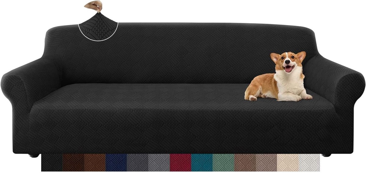 Stijlvolle Rhombus Jacquard Oversized Sofa Cover voor 4-zits Bank - Extra Grote, Rekbare en Antislip Meubelbeschermer voor Kinderen en Huisdieren in de Woonkamer (Zwart)