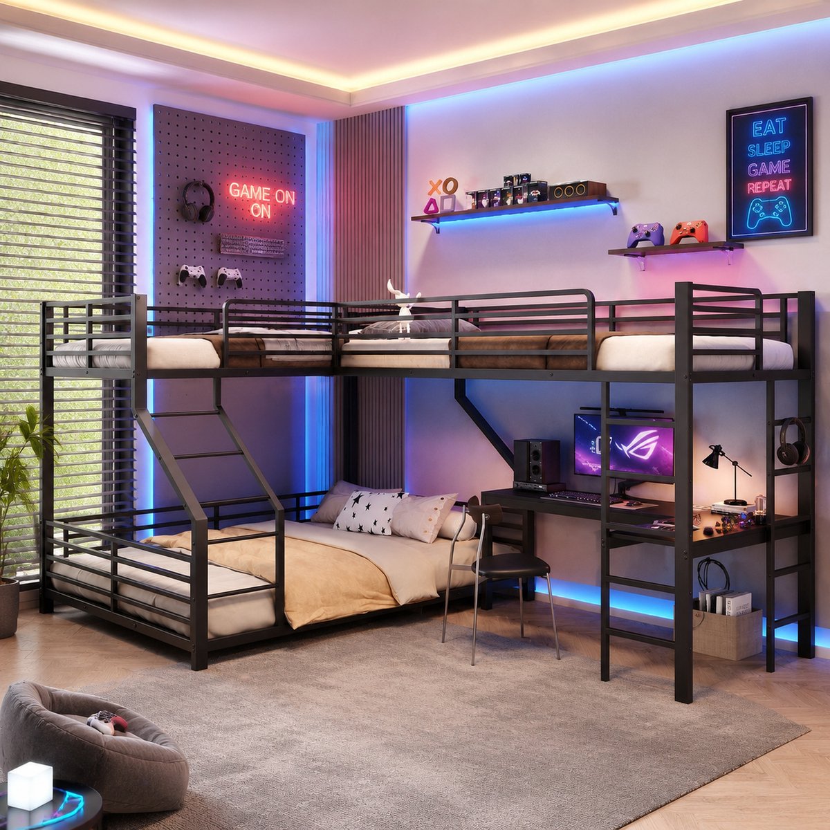 Kinderbed, Bedframe metalen bed, ijzeren frame, drie slaapplaatsen, 90 x 200cm, 140 x 200cm, EN747 gecertificeerd, dubbel stopcontact met USB- en Type-C-poort, bureau, zonder matras, zwart